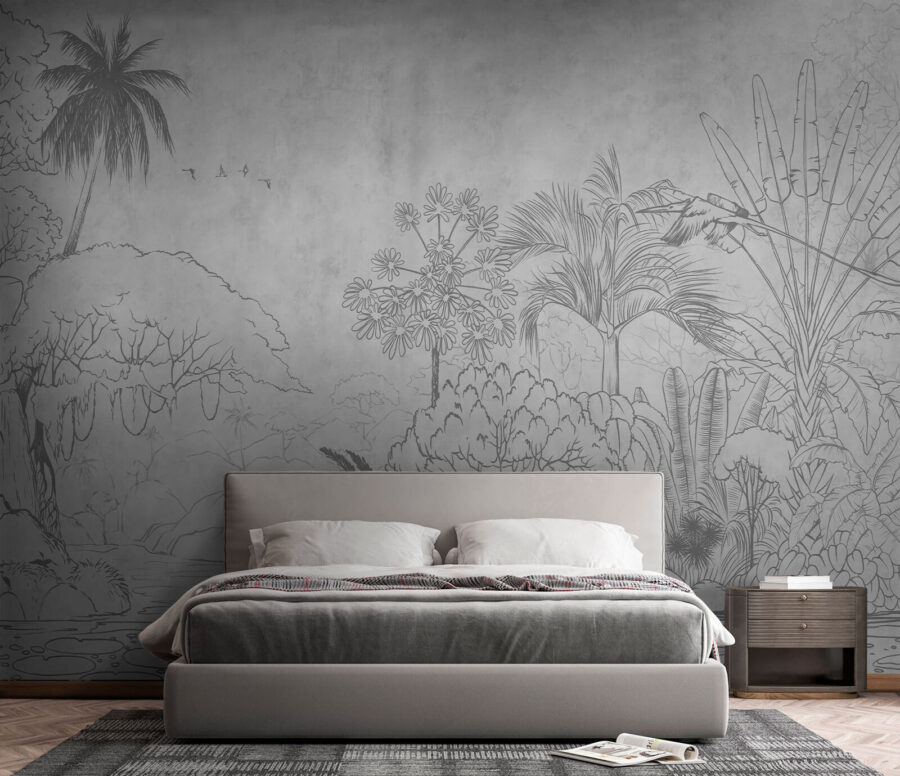 Dibujo de un río con árboles y plantas
