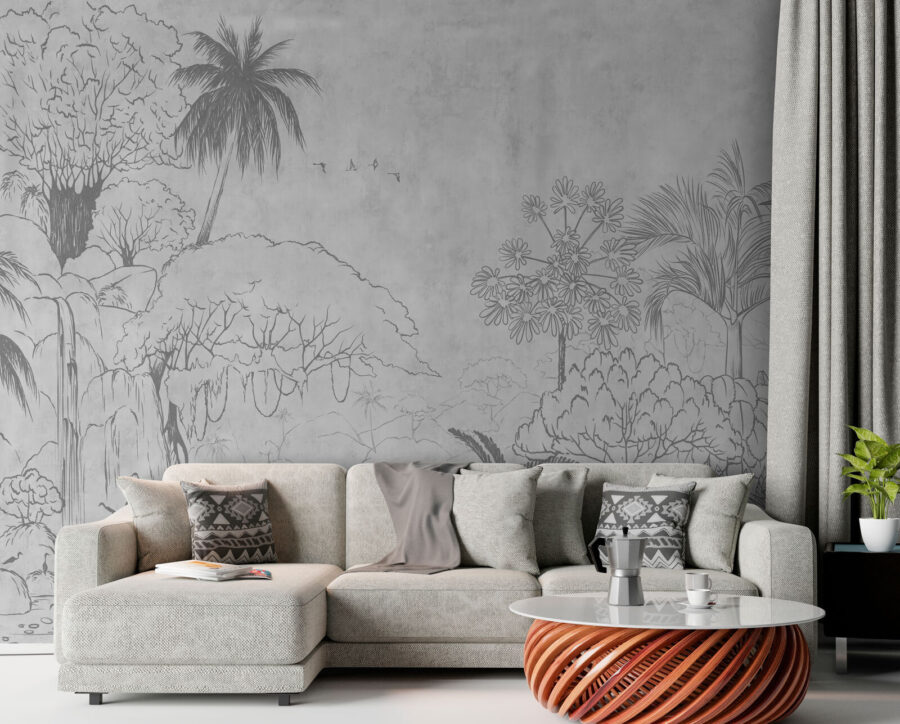 Dibujo de un río con árboles y plantas