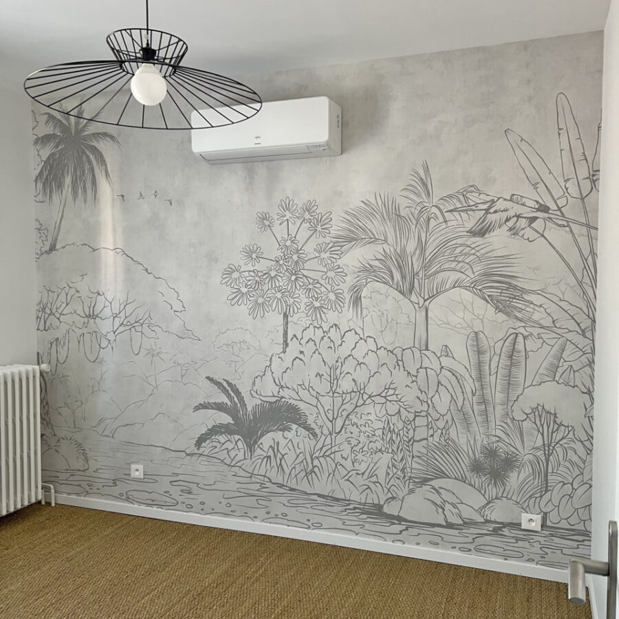 Dibujo de un río con árboles y plantas