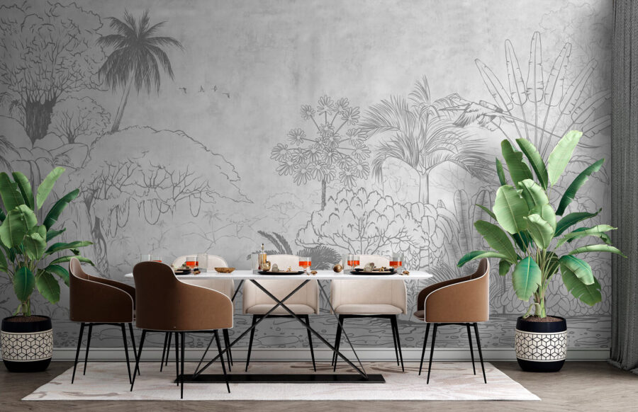 Dibujo de un río con árboles y plantas