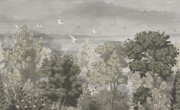 Birds flying over trees