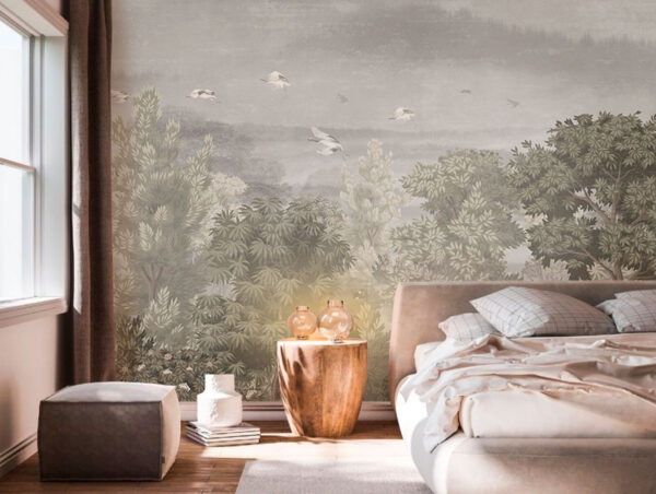 Birds flying over trees