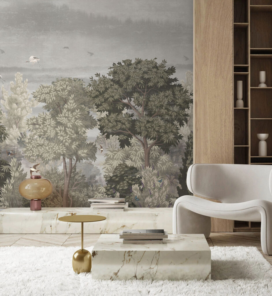 Birds flying over trees