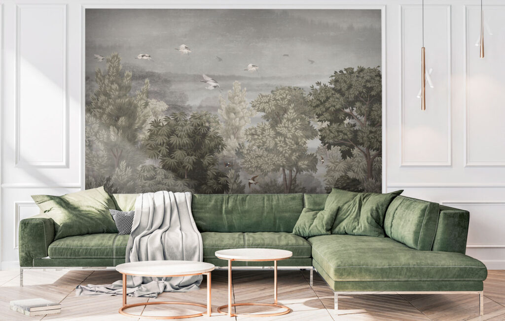 Birds flying over trees