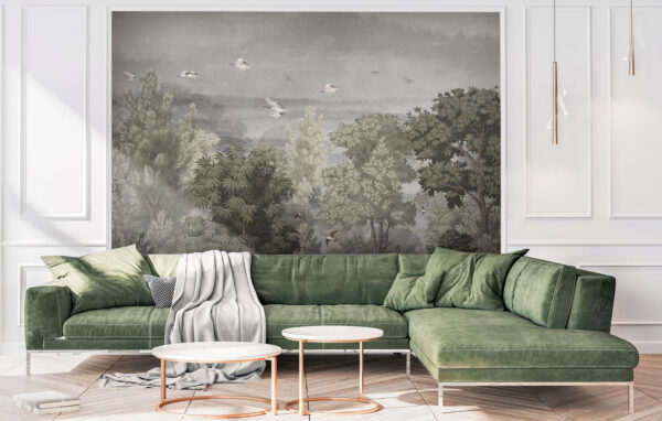 Birds flying over trees