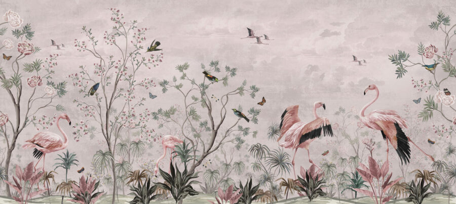 Papel pintado con pájaros y plantas Papel pintado con pájaros y plantas