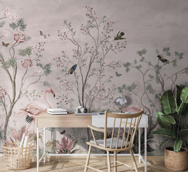 Papel pintado con pájaros y plantas