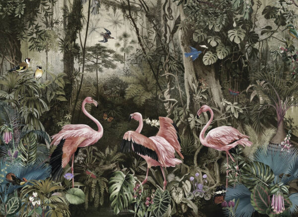 Grupo de flamencos rosas en un bosque Grupo de flamencos rosas en un bosque