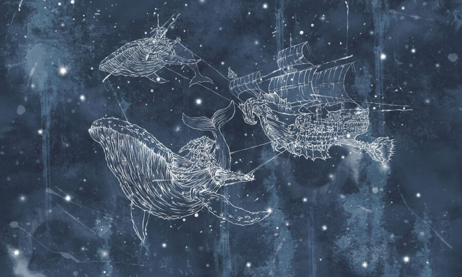 Dibujo de una ballena y un barco