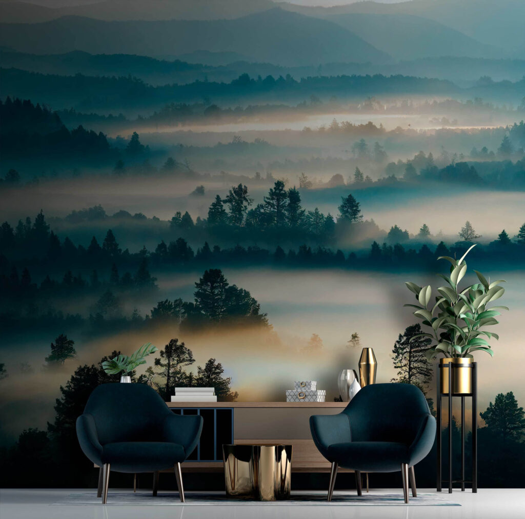 Foggy landscape with trees and mountains