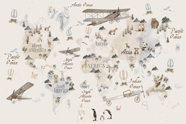 Map of the world with animals and birds