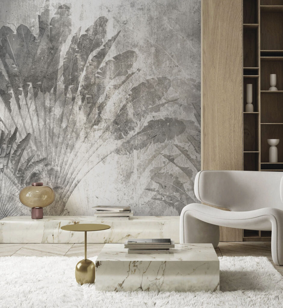 Grey and white background with leaves