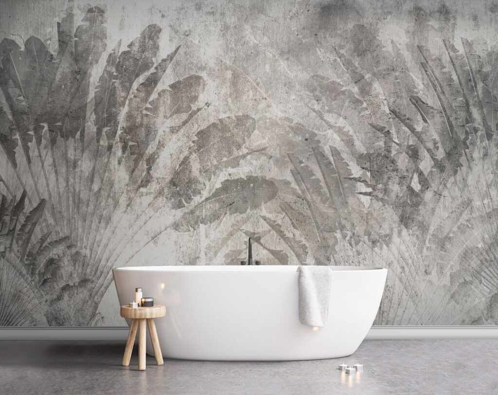 Grey and white background with leaves