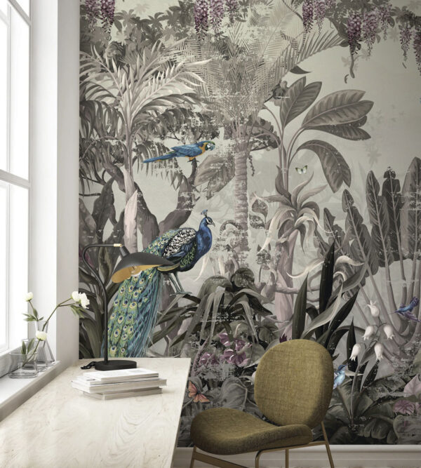 Papel pintado con pájaros y plantas Papel pintado con pájaros y plantas