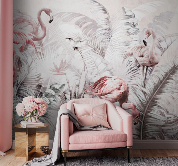Papel pintado con flamencos y pájaros Papel pintado con flamencos y pájaros