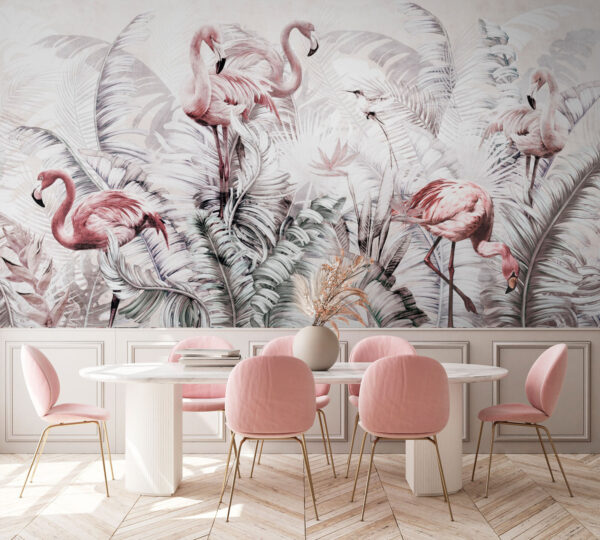 Papel pintado con flamencos y pájaros Papel pintado con flamencos y pájaros