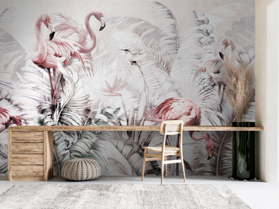 Papel pintado con flamencos y pájaros Papel pintado con flamencos y pájaros