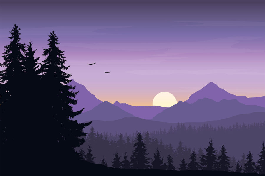 Paisaje con árboles y montañas