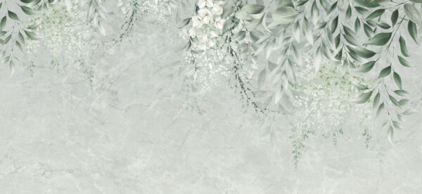 Flores blancas y hojas verdes sobre fondo blanco Flores blancas y hojas verdes sobre fondo blanco