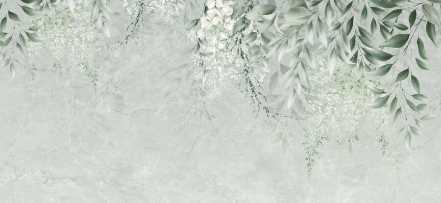 Flores blancas y hojas verdes sobre fondo blanco