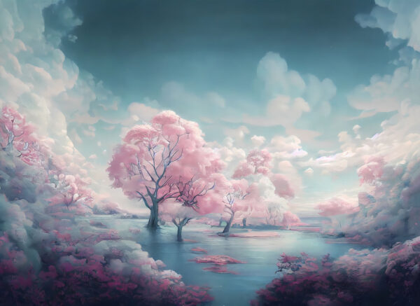 Paisaje de árboles rosas y agua Paisaje de árboles rosas y agua