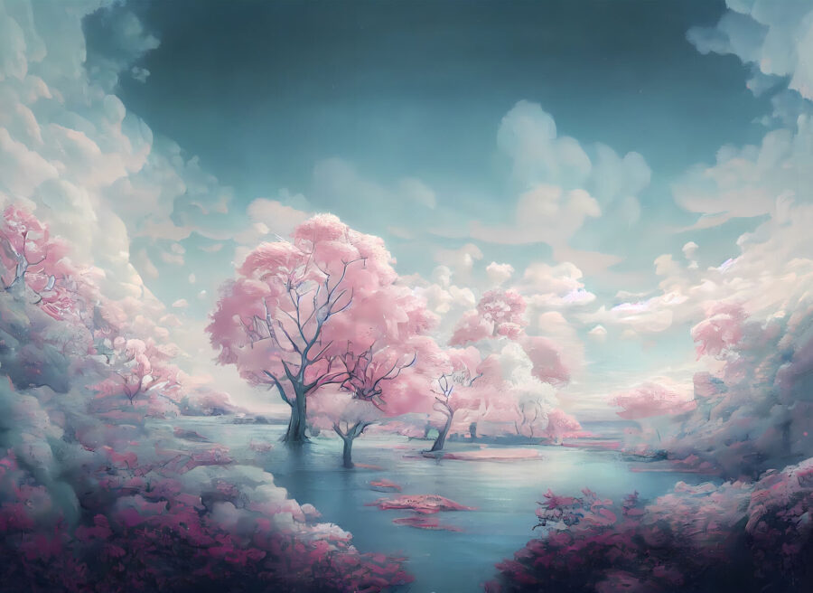 Paisaje de árboles rosas y agua