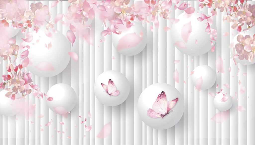 Grupo de bolas blancas con mariposas rosas encima Grupo de bolas blancas con mariposas rosas encima