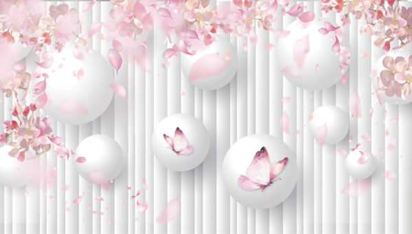 Grupo de bolas blancas con mariposas rosas encima Grupo de bolas blancas con mariposas rosas encima