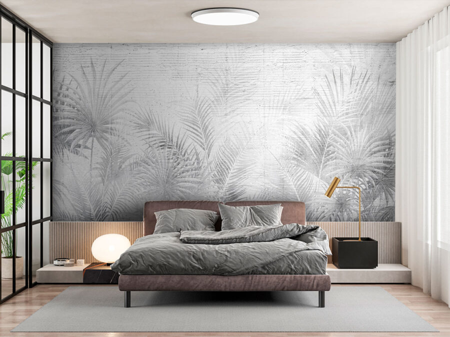 Fotomurales Fondo blanco y gris con hojas de palmera - Imagen 2