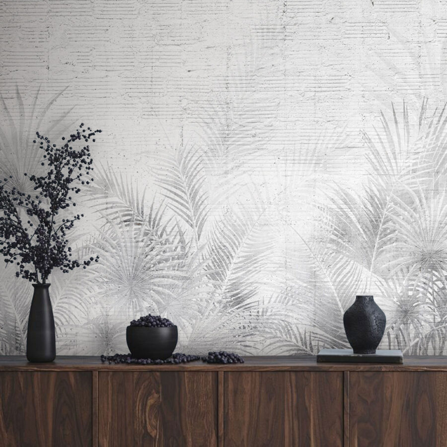 Fotomurales Fondo blanco y gris con hojas de palmera