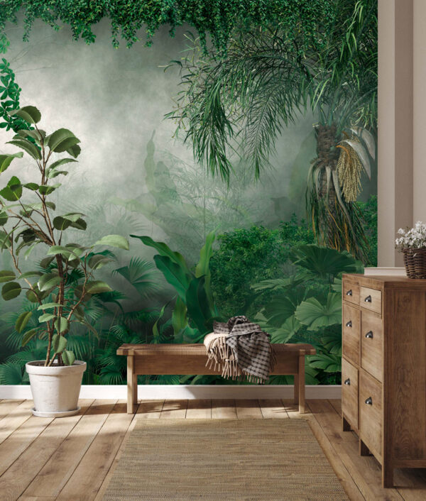 Bosque brumoso con plantas y árboles Bosque brumoso con plantas y árboles