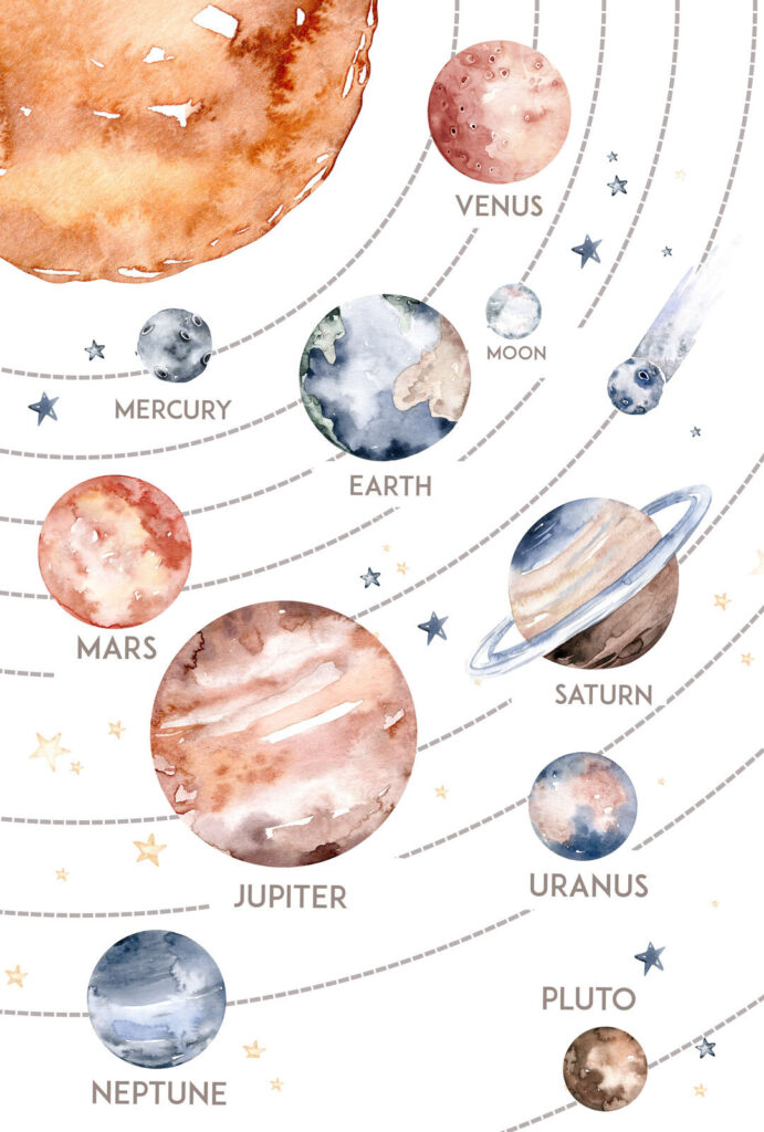 Acuarela de planetas y estrellas Acuarela de planetas y estrellas