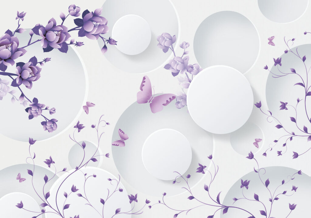 Flores moradas y círculos blancos con mariposas moradas Flores moradas y círculos blancos con mariposas moradas