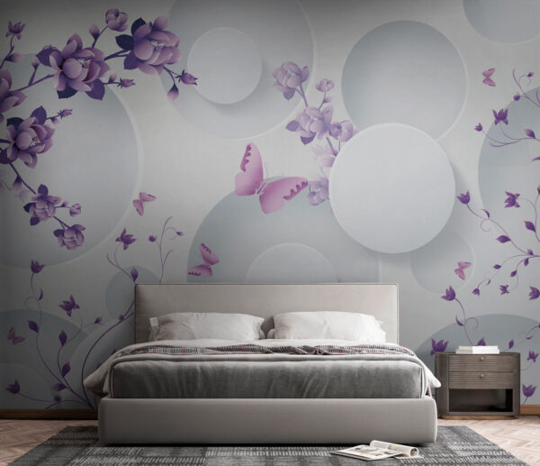 Flores moradas y círculos blancos con mariposas moradas Flores moradas y círculos blancos con mariposas moradas