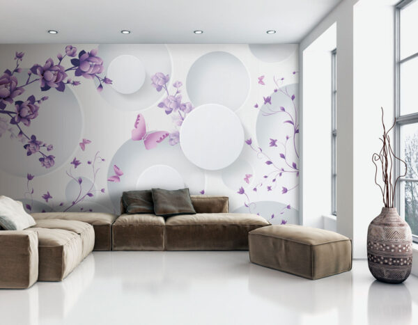 Flores moradas y círculos blancos con mariposas moradas Flores moradas y círculos blancos con mariposas moradas