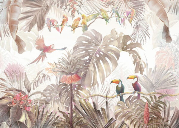 Grupo de pájaros en una rama rodeados de plantas tropicales Grupo de pájaros en una rama rodeados de plantas tropicales