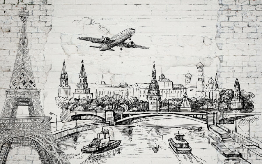 Dibujo de una ciudad y un puente