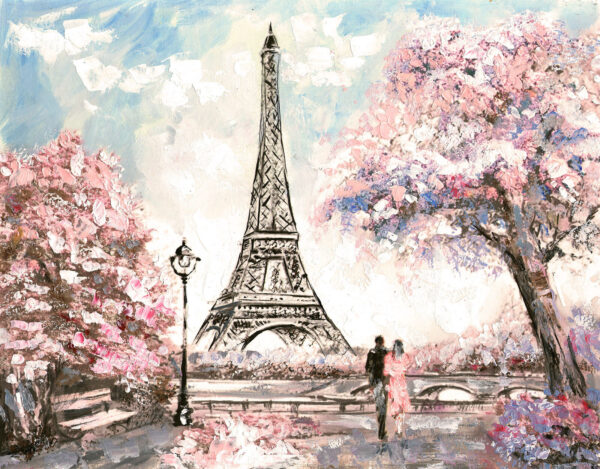 Pintura de una torre con flores rosas Pintura de una torre con flores rosas