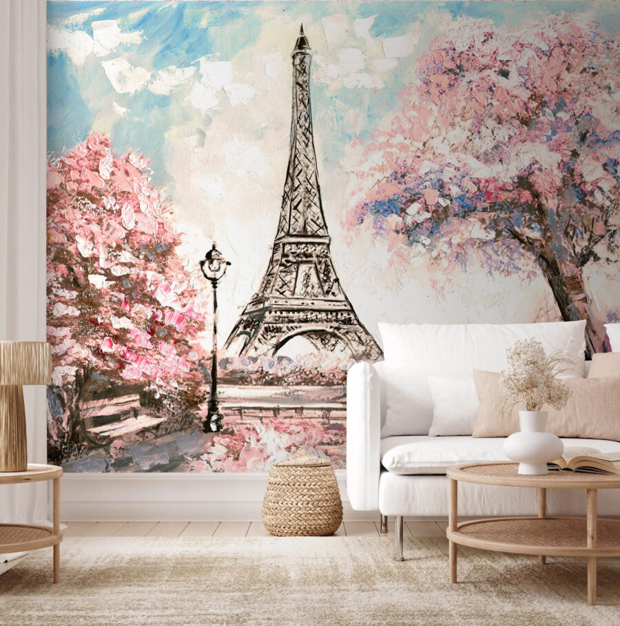 Pintura de una torre con flores rosas