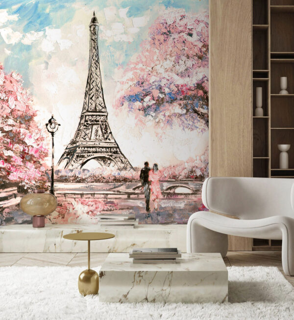 Pintura de una torre con flores rosas Pintura de una torre con flores rosas