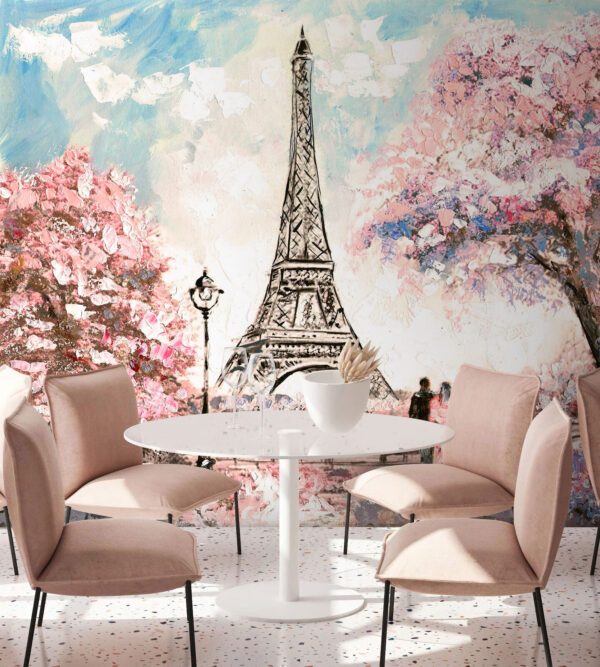 Pintura de una torre con flores rosas Pintura de una torre con flores rosas