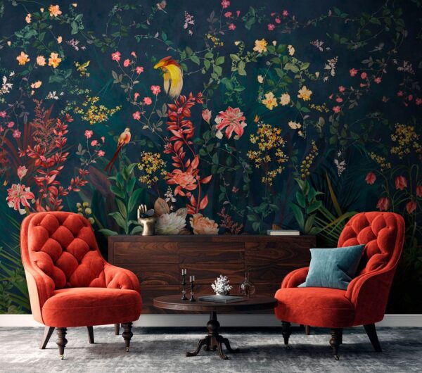 Papel pintado con flores y pájaros Papel pintado con flores y pájaros