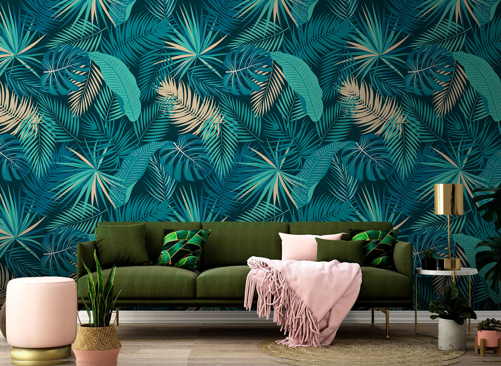 Pattern of leaves on a blue background