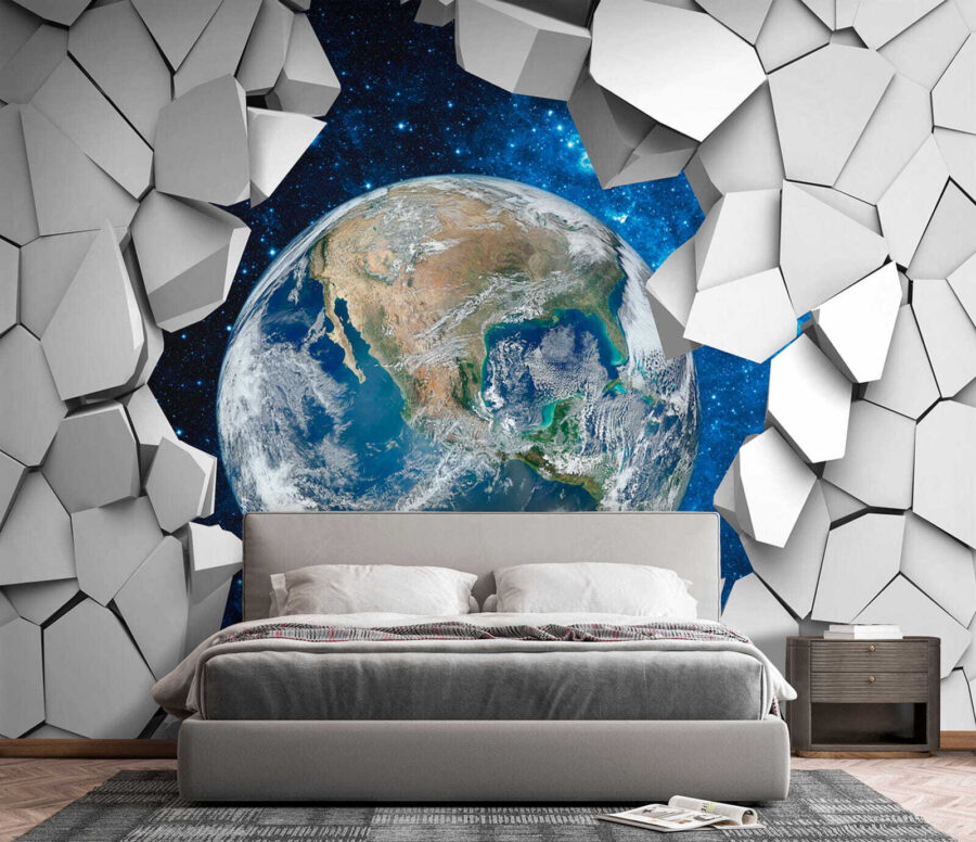 Fotomurales El planeta Tierra se abre paso a través de un agujero en la pared - Imagen 4