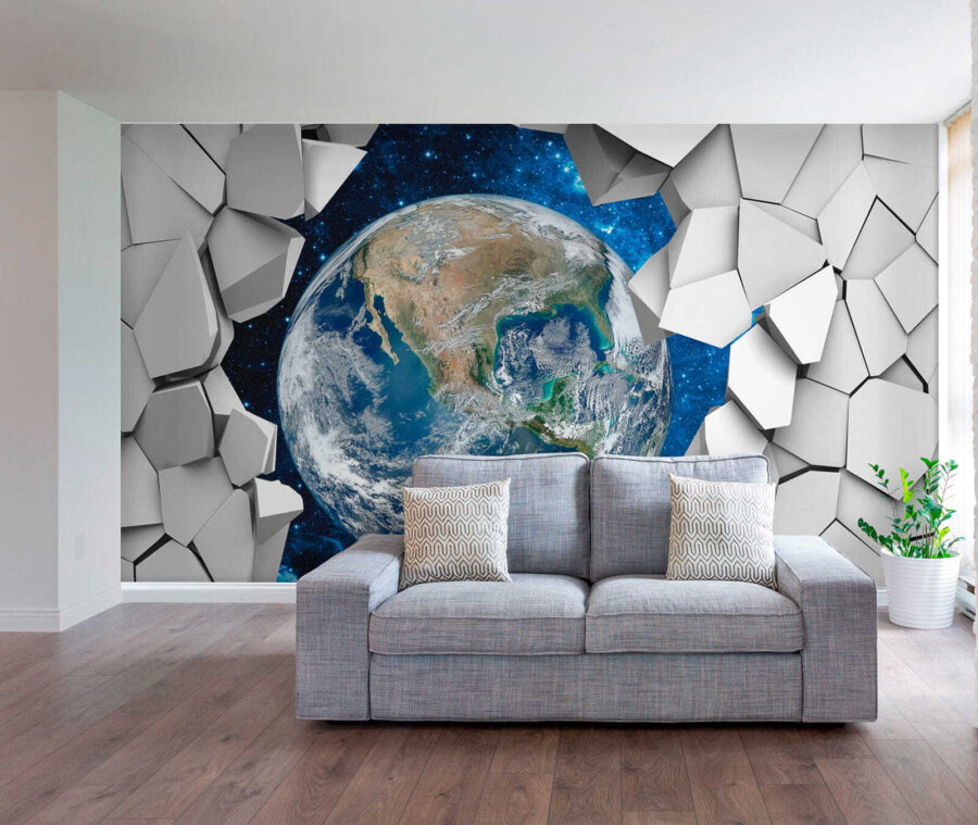 Fotomurales El planeta Tierra se abre paso a través de un agujero en la pared - Imagen 6