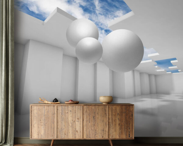 Habitación blanca con paredes blancas y bolas blancas Habitación blanca con paredes blancas y bolas blancas