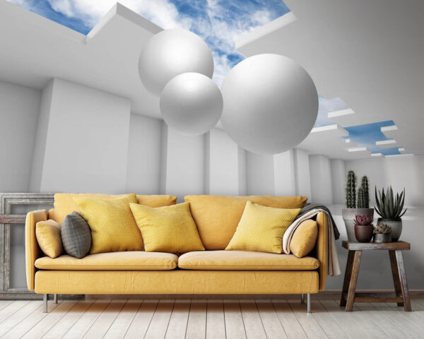Habitación blanca con paredes blancas y bolas blancas Habitación blanca con paredes blancas y bolas blancas