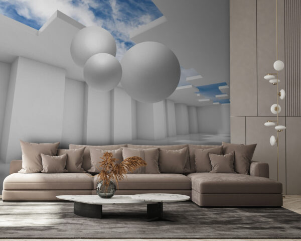 Habitación blanca con paredes blancas y bolas blancas Habitación blanca con paredes blancas y bolas blancas