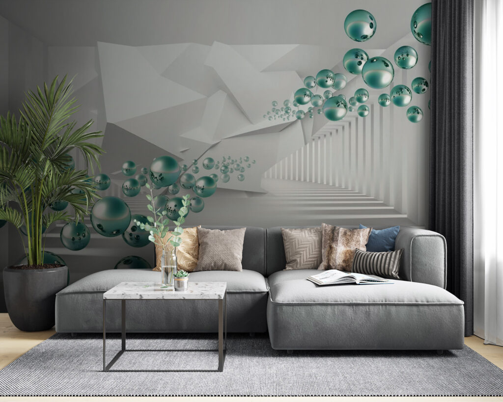 White room with white walls and white columns and green balls White room with white walls and white columns and green balls