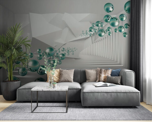 Habitación blanca con paredes blancas y columnas blancas y bolas verdes Habitación blanca con paredes blancas y columnas blancas y bolas verdes